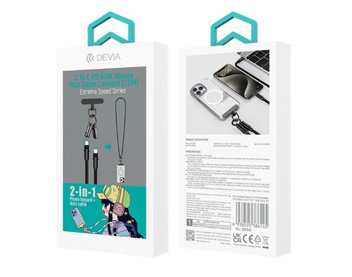 Cordino Tracolla Con Cavo Type C 60W Ricarica Rapida 1,2Mt Nero (Dewlcc145B)