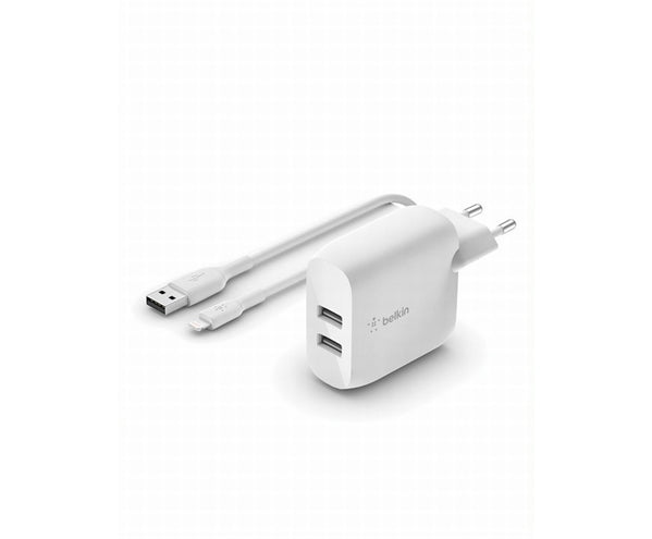 Caricabatterie 2 Porte Usb-A + Cavo Da Usb-A A Lightning 1M - Bianco
