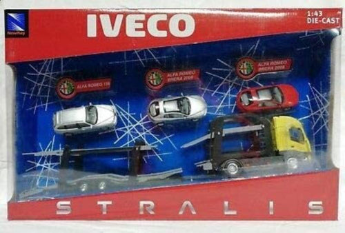 CAMION IVECO STRALIS TWIN CAR CARRIER + 3 ALFA ROMEO 1:43 E FIAT